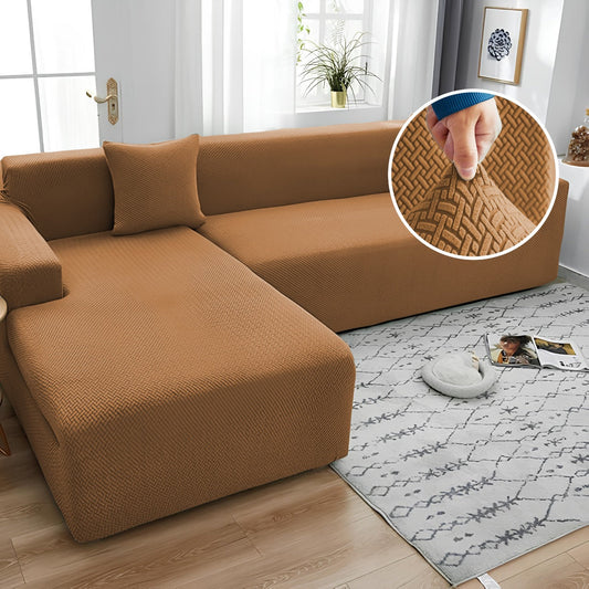Stripe Jacquard L Shape Sofa Cover -Camel Brown