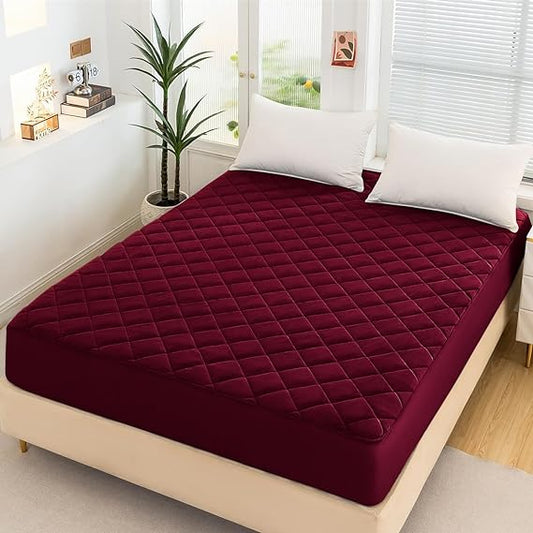 Cotton Quilted Waterproof Mattress Cover - Mahroon