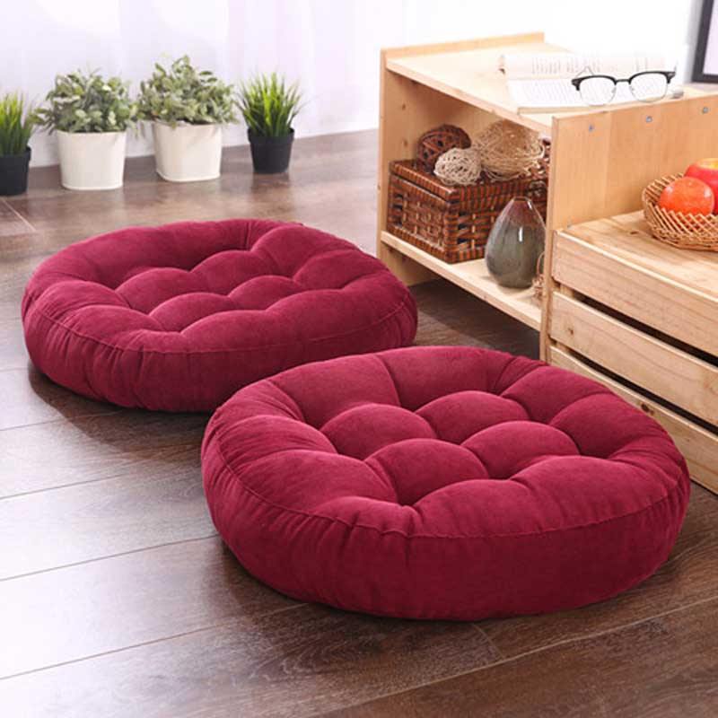 Velvet Round Floor Cushions With Ball Fiber Filling (2 Pieces) - Maroon