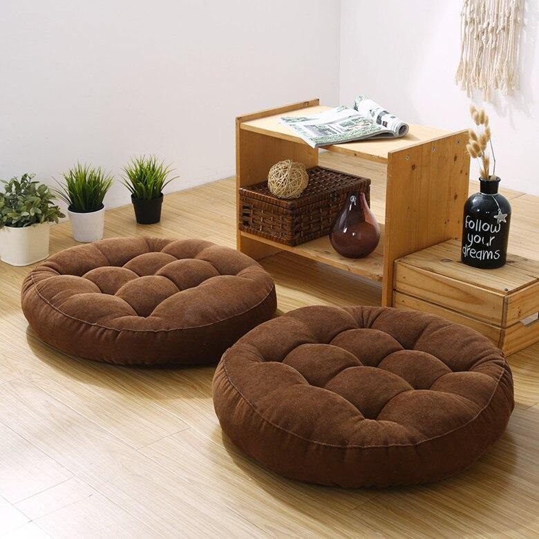 Velvet Round Floor Cushions With Ball Fiber Filling (2 Pieces) - Brown