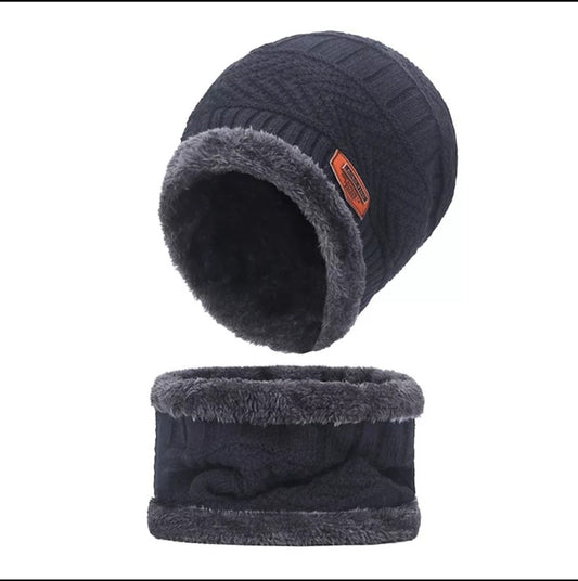 Unisex Beanie Wool Cap with Neck Warmer - Grey