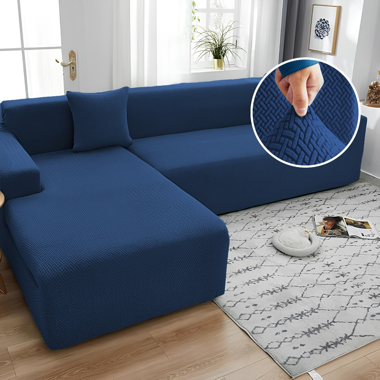 Stripe Jacquard L Shape Sofa Cover - Navy blue