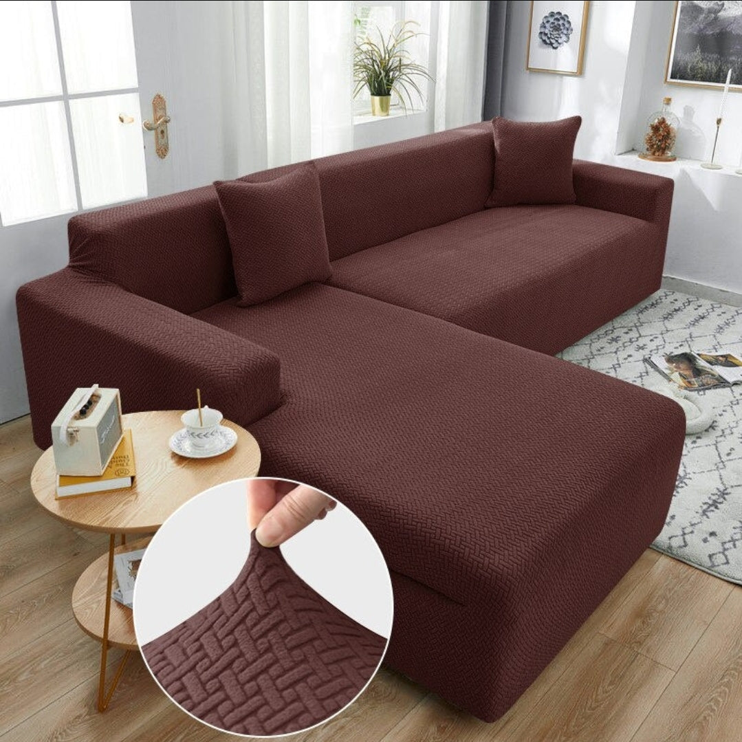 Stripe Jacquard L Shape Sofa Cover - Brown